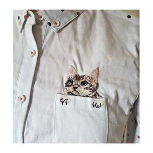 Embroidered cat kitty in pocket peekaboo and polka dot button down cotton shirt